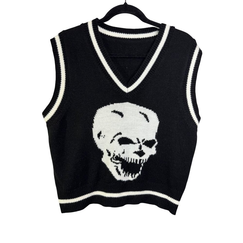 Black Knit Skull Graphic Sweater Vest With White Striped Trim Punk Gothic V-Neck